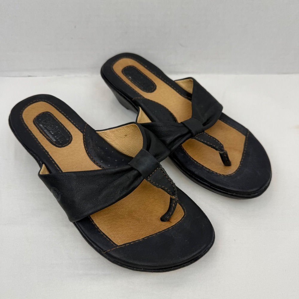 Born Black Leather Thong Wedge Sandals Knotted Strap W31579 Size 6/36.5
